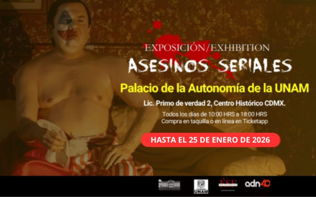 Figura hiperrealista mostrada en la Exposición Asesinos Seriales en el Palacio de la Autonomía de la UNAM, parte del recorrido inmersivo.