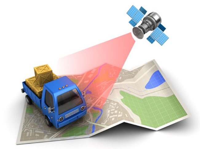Caricatura de un camión de carga azul con cajas amarillas en la parte trasera, sobre un mapa, siendo rastreado por un satélite