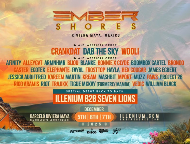 Cartel del festival Ember Shores 2025 en Riviera Maya, del 5 al 7 de diciembre en el Barceló Riviera Maya Resort