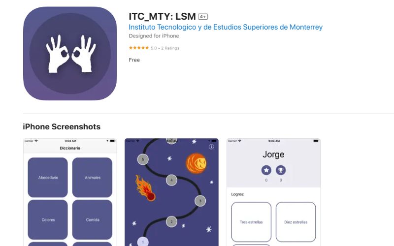 Pantalla de la app ITC_MTY: LSM del Tecnológico de Monterrey con secciones de diccionario, juegos y logros interactivos.