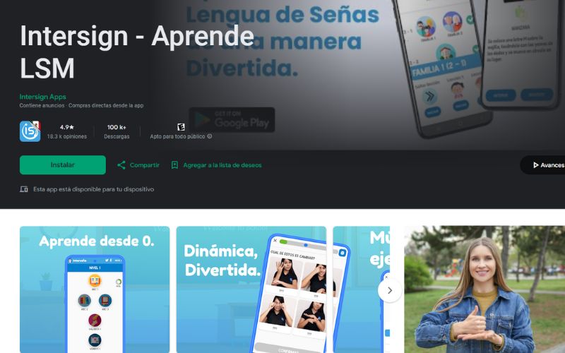 Capturas de pantalla de la app InterSign – Aprende LSM con ejemplos de señas, niveles de aprendizaje y diseño interactivo educativo.