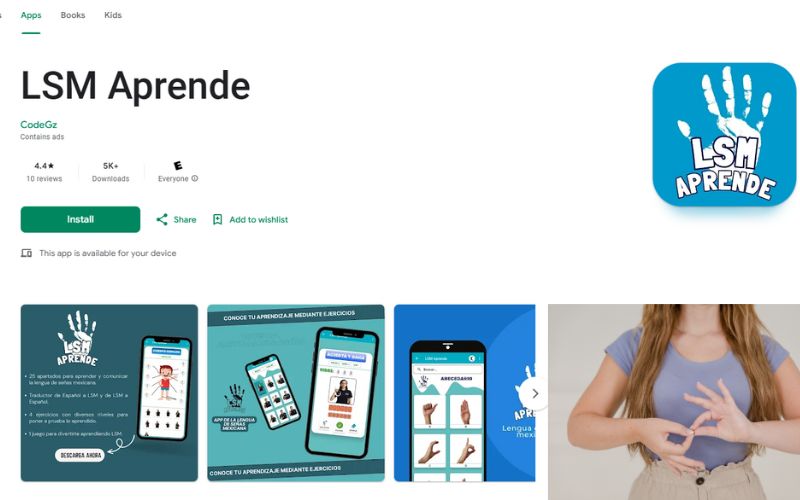 Capturas de la app LSM Aprende con ejemplos del abecedario, ejercicios interactivos y diseño educativo para aprender señas.