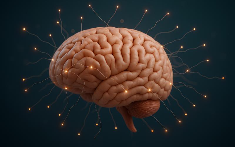 Cerebro humano con conexiones iluminadas que representan cómo el conocimiento y las creencias influyen en los recuerdos.