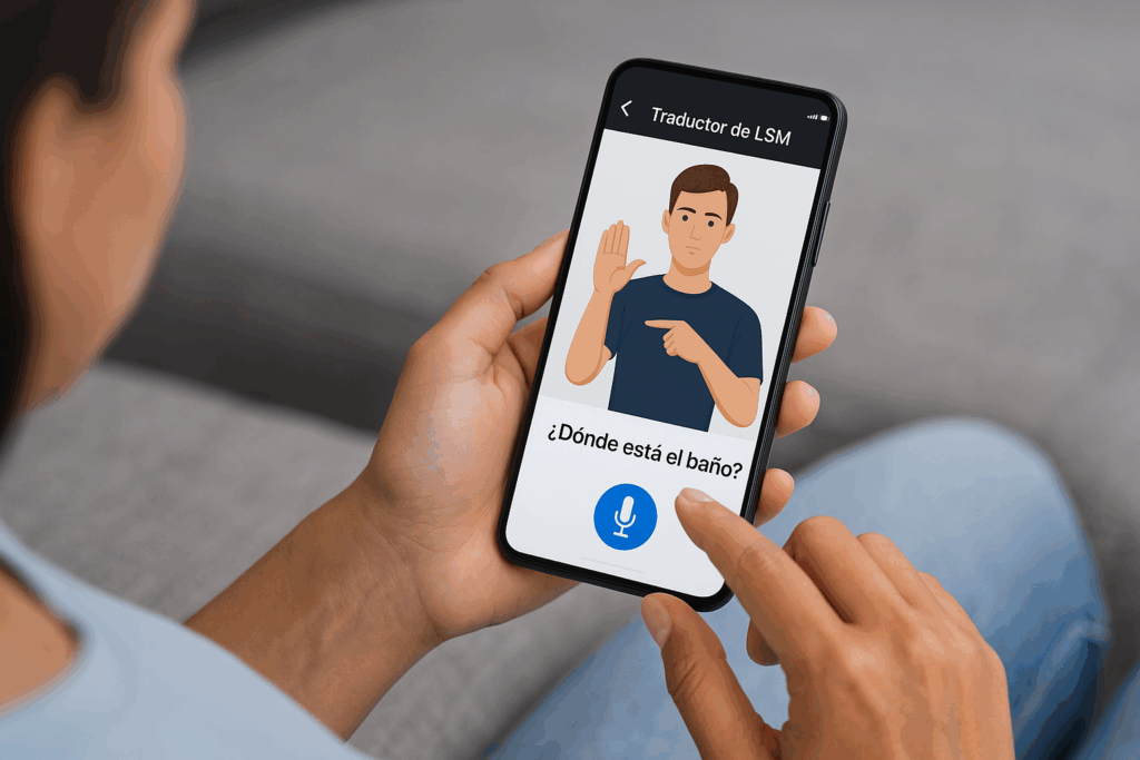 Persona usando aplicación móvil para traducir la Lengua de Señas Mexicana en un entorno moderno y accesible.