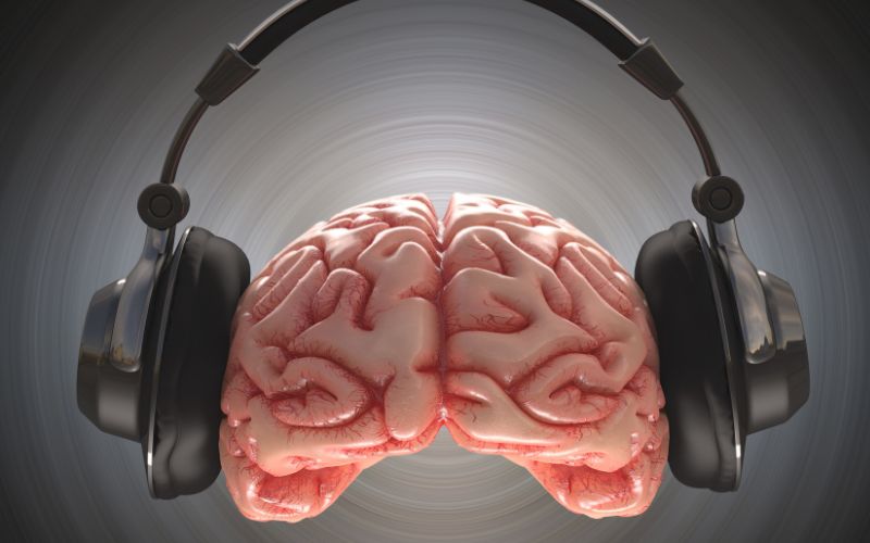Cerebro con audífonos que representa cómo la mente recuerda y repite canciones pegajosas mediante el bucle fonológico.