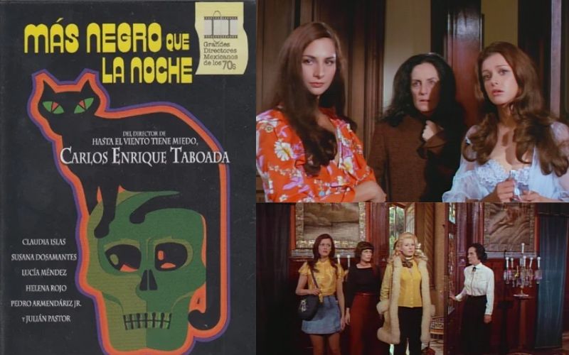 Cartel y escenas de la película mexicana Más negro que la noche con Claudia Islas y Lucía Méndez en una mansión.