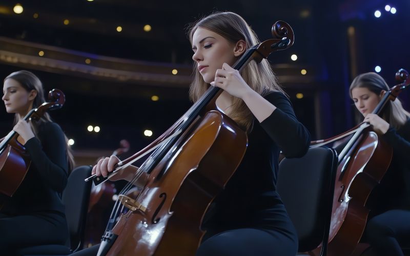 Músicas tocando violonchelo durante la presentación en vivo de la orquesta que interpreta la banda sonora de Your Name.