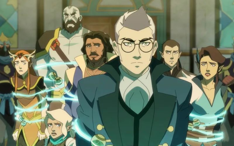 Personajes de Vox Machina en una escena de la serie animada de Critical Role ambientada en Exandria.
