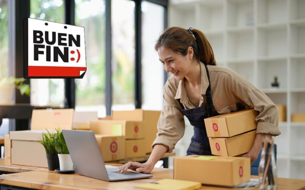 Emprendedora preparando pedidos y registrando su negocio para participar en el Buen Fin 2025.