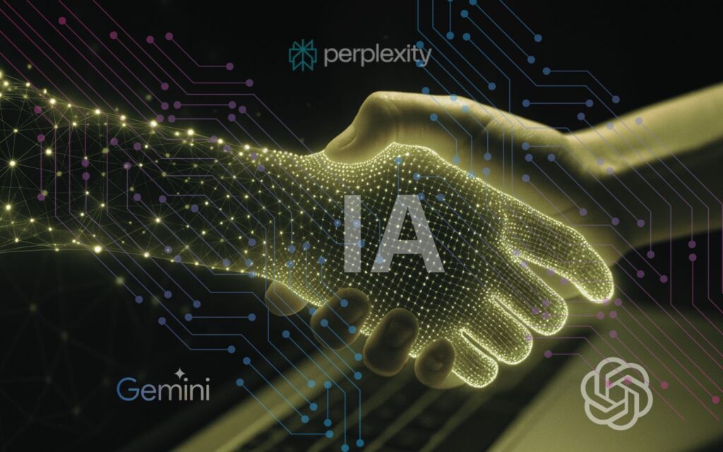 ChatGPT dijo: Mano humana y mano digital estrechándose con luces y circuitos que representan la conexión entre personas e inteligencia artificial.