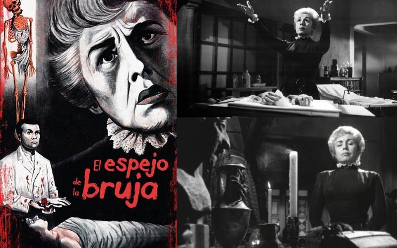 Cartel y escenas de la película mexicana El espejo de la bruja con la actriz Isabela Corona realizando rituales oscuros en blanco y negro.