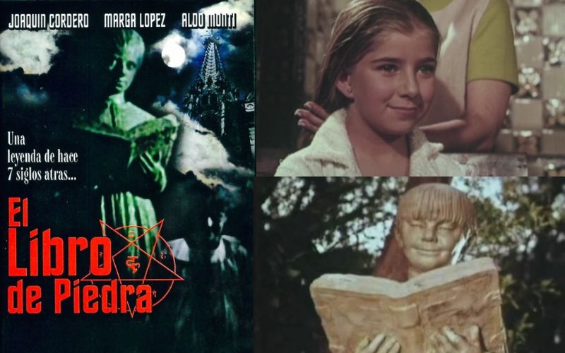 Cartel y escenas de la película mexicana El libro de piedra con una niña y la misteriosa estatua de Hugo sosteniendo un libro.