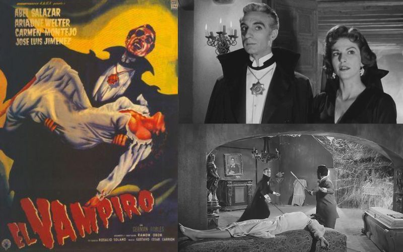 Cartel y escenas de la película mexicana El vampiro con Germán Robles como el Conde Lavud y su ambiente gótico en blanco y negro.
