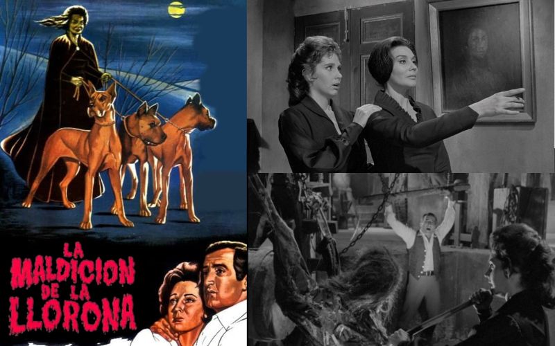 Cartel de la película mexicana La maldición de la Llorona y escenas de unas mujeres aterradas y rituales en blanco y negro.