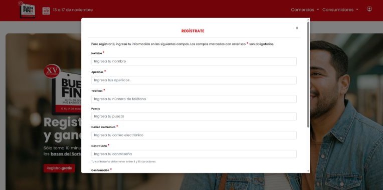 Formulario en línea para registrar un negocio en el sitio oficial del Buen Fin 2025 y participar en el evento comercial.