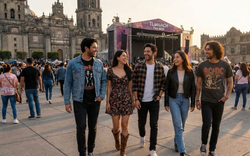 Asistentes caminando en el Centro Histórico durante TlacuACH Fest 2025, concierto de rock gratuito al aire libre en CDMX