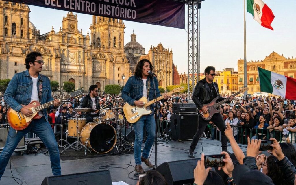 Banda tocando rock en vivo durante TlacuACH Fest 2025 en el Centro Histórico de CDMX con público reunido al aire libre