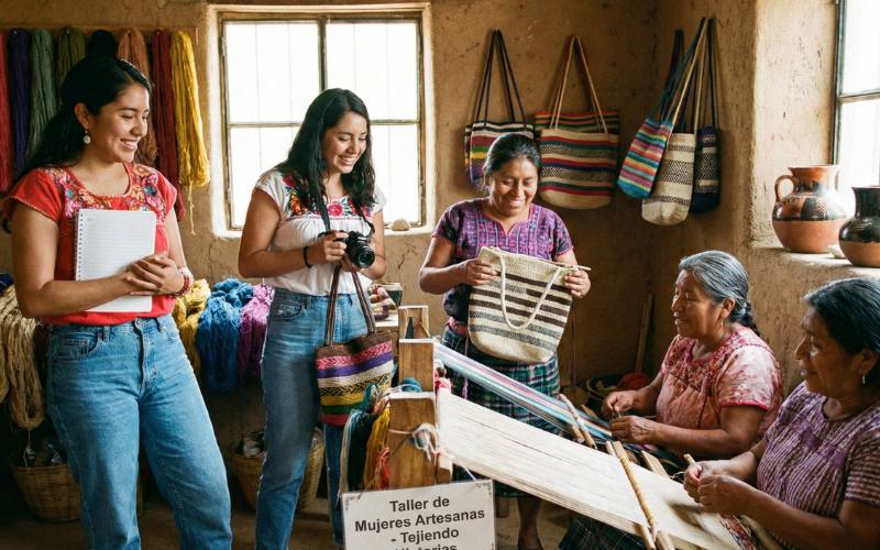 Mujeres artesanas mexicanas trabajando en un taller local como parte de un negocio sustentable que fortalece la economía comunitaria