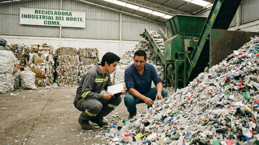 Trabajadores en recicladora industrial mexicana clasificando residuos como parte de un negocio sustentable y responsable con el medio ambiente