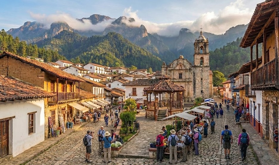Vistas de un Pueblo Mágico de México con calles empedradas, mercado local, arquitectura tradicional y montañas que reflejan historia y vida cultural activa