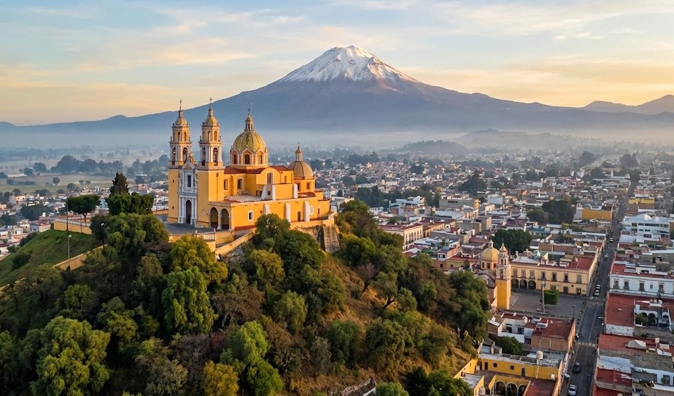 Vista aérea del Pueblo Mágico de Cholula con la Iglesia de Nuestra Señora de los Remedios y el volcán Popocatépetl al fondo.