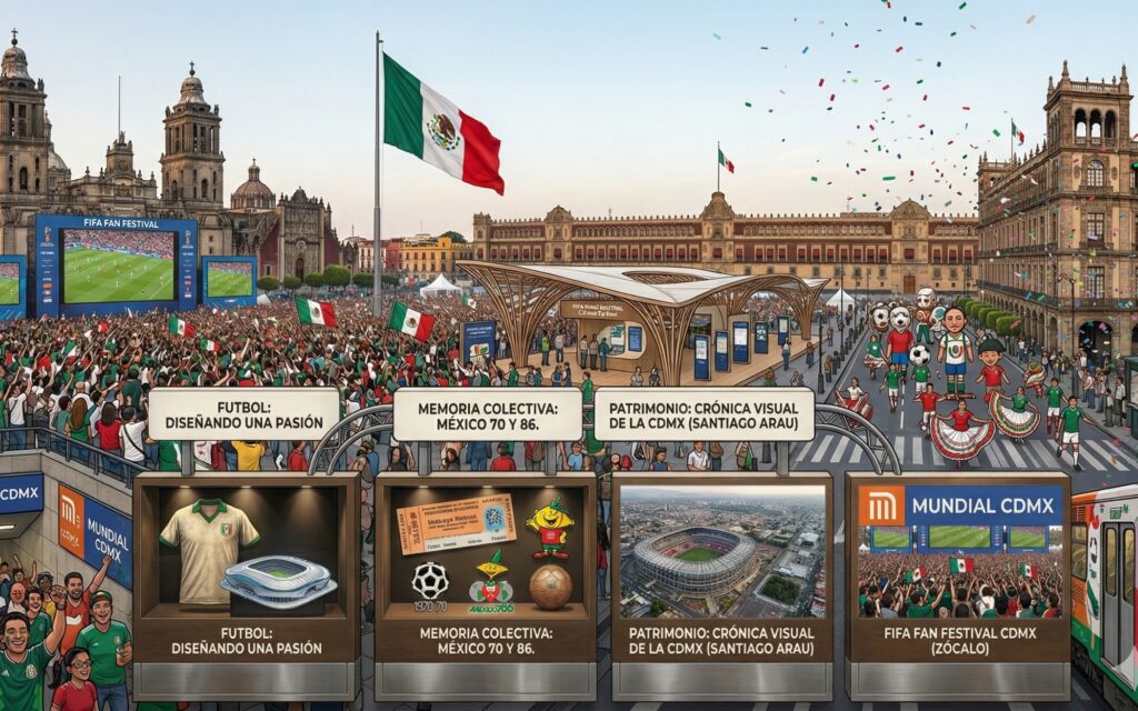 Ilustracion de la celebración del Mundial 2026 en el Zócalo de CDMX con Fan Fest, pantallas, conciertos y exposiciones culturales gratuitas.