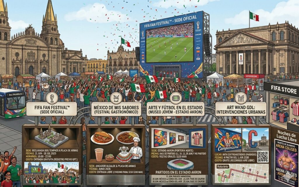 Ilustración de las actividades Mundialistas 2026 en Guadalajara con el Fan Fest en el Zócalo, exposiciones culturales y gastronómicas, arte en el Estadio Akron y desfiles con Lucha Libre.