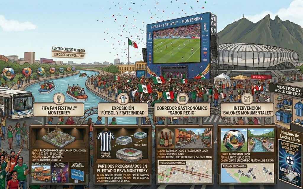 Ilustración de las actividades del Mundial 2026 en Monterrey: Fan Fest, Paseo Santa Lucía con balones gigantes, gastronomía regia y el Estadio BBVA.
